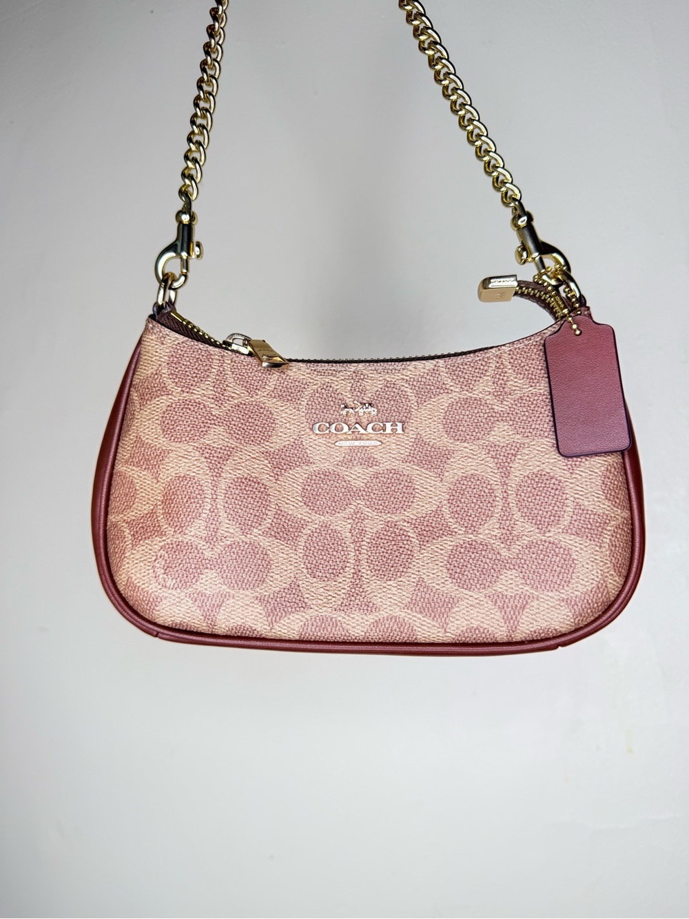 Coach Teri mini brown Signature Canvas Shoulder Bag with Gold Chain